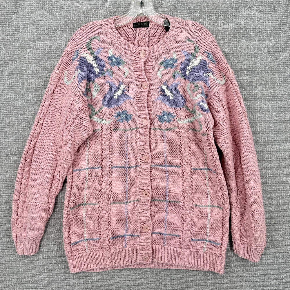 ROBINSON'S Sweater Cardigan Womens M Pink Floral Cable-Knit Button Long Sleeve‎